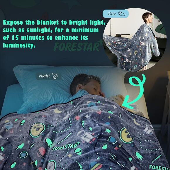 🔥Glow in The Dark Fleece Blanket Kids 50" x 60" Star Design Recharge w/ Light - Picture 2 of 7